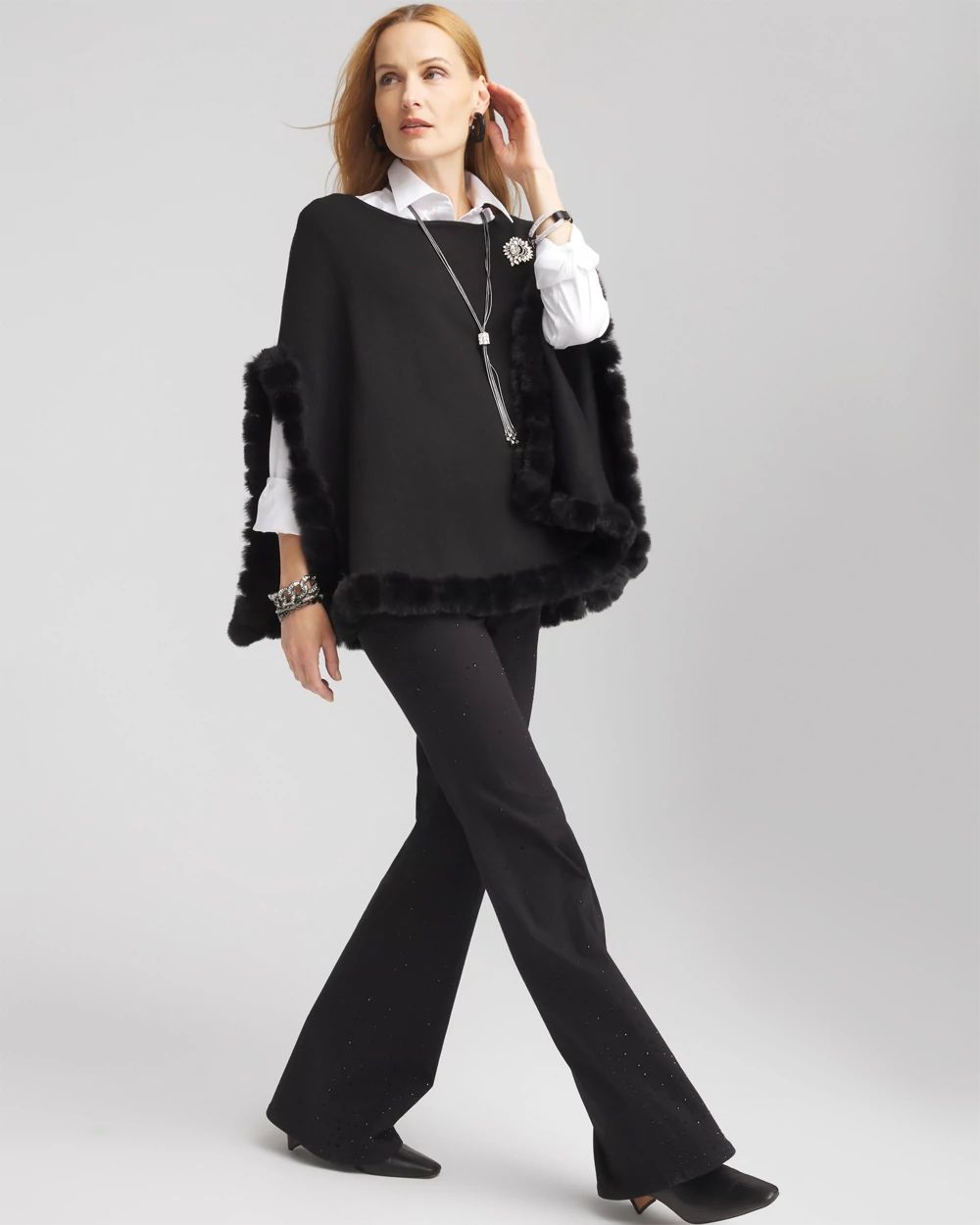 Faux Fur Trim Cashmere Blend Poncho | Chico's
